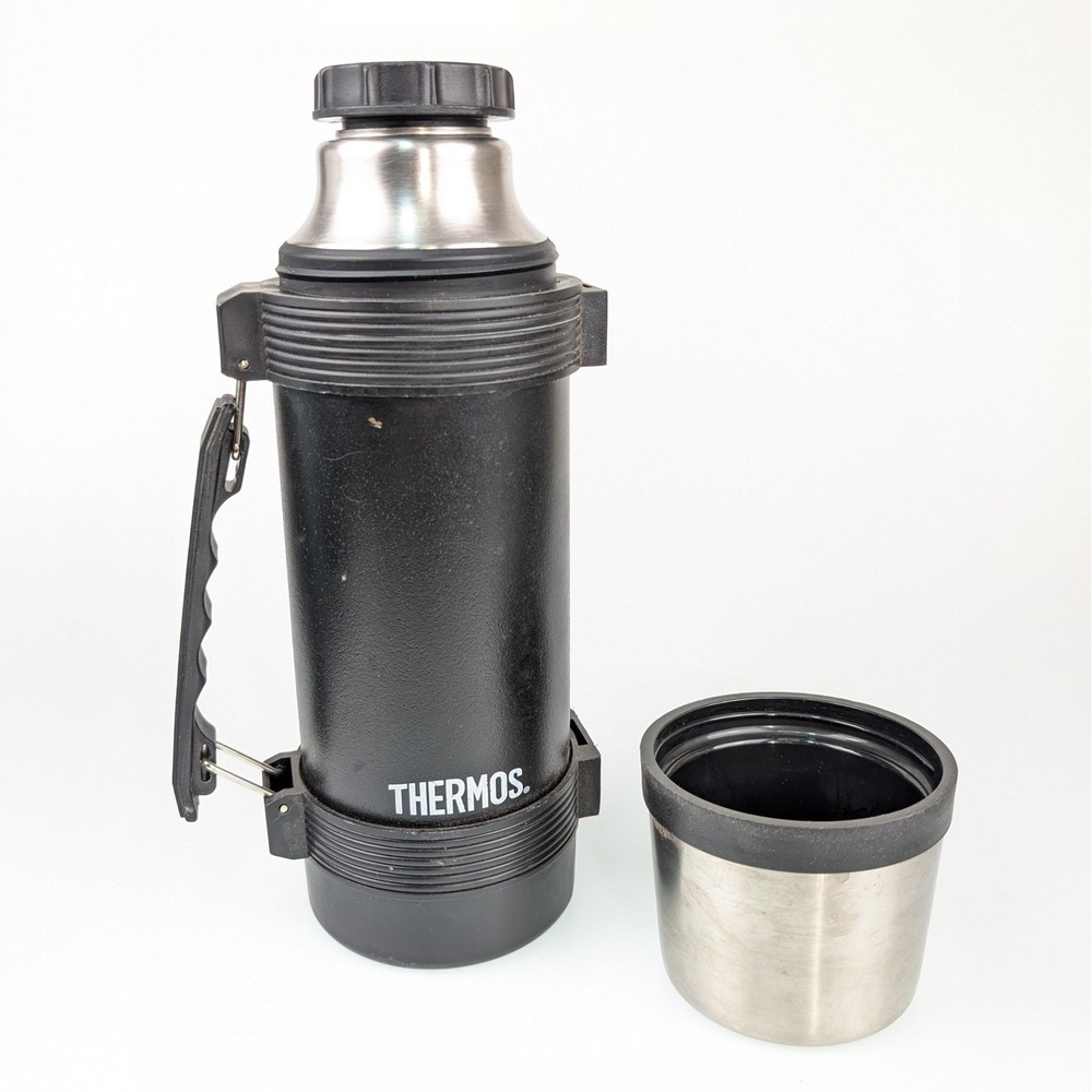 Vintage Thermos 1 Liter‎ Black Stainless Steel Insulated Bottle Stopper #650